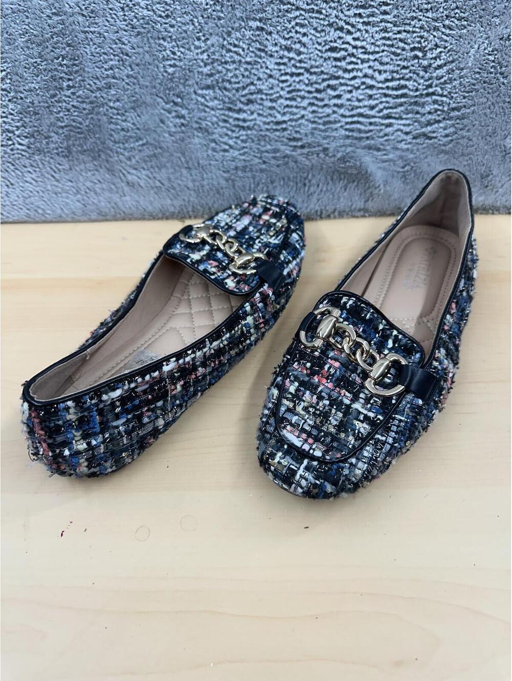 Patrizia Tweed Loafers with Gold Chain Accent Classic Chic Women's Slip Ons